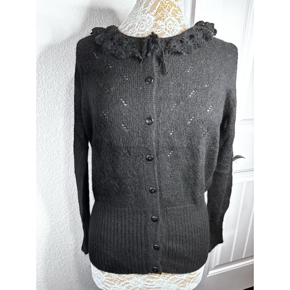 Vintage‎ Peruvian Connection 100% Alpaca  Cardigan Sweater Black Eyelet Knit Med